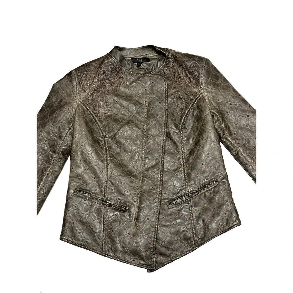 NEW Allen Schwartz Womens Small Lattice Embroidered Brown Faux Leather Jacket
